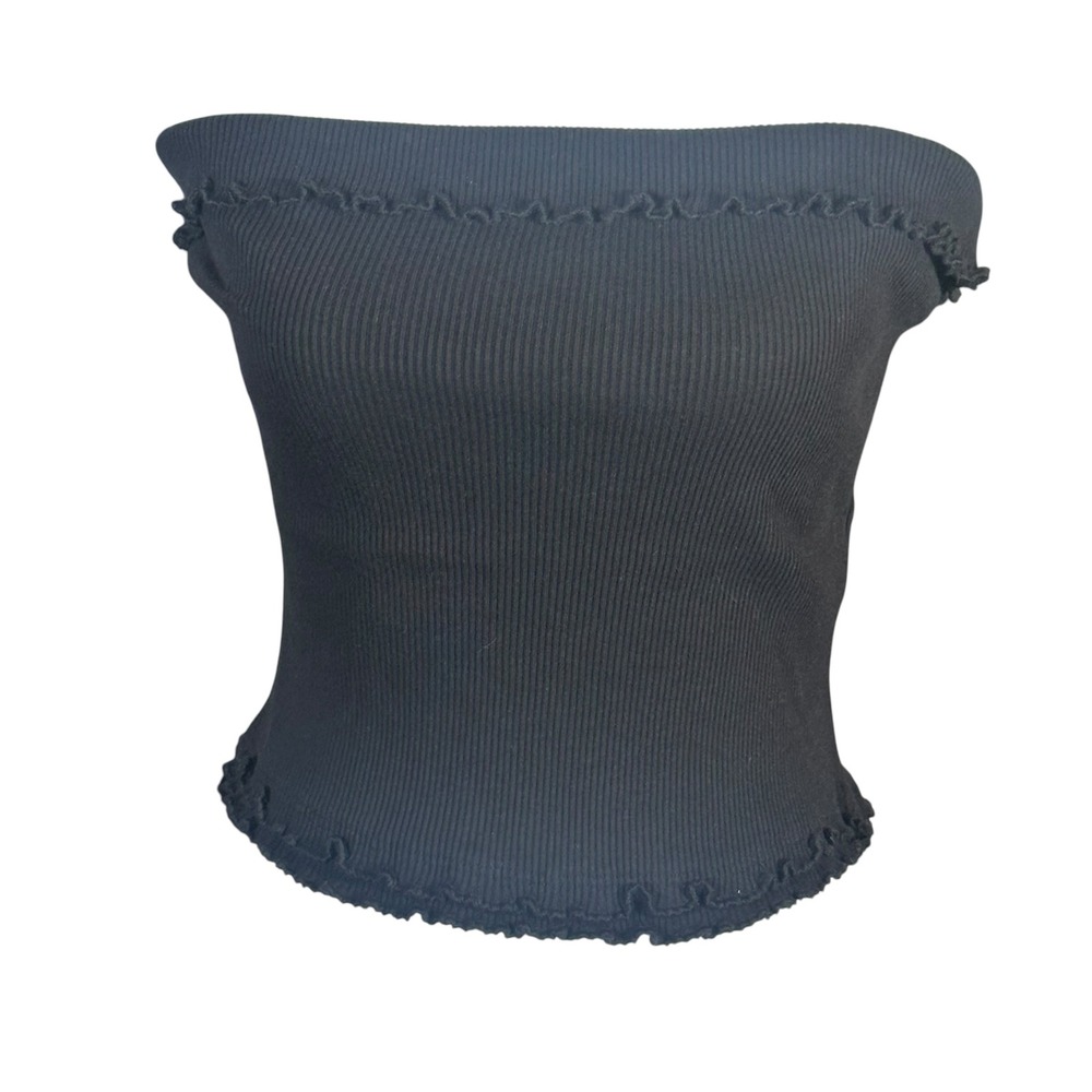 Free People Ellie Tube Top NWT Womens Size M‎ Black Ribbed Lettuce Edge Trim